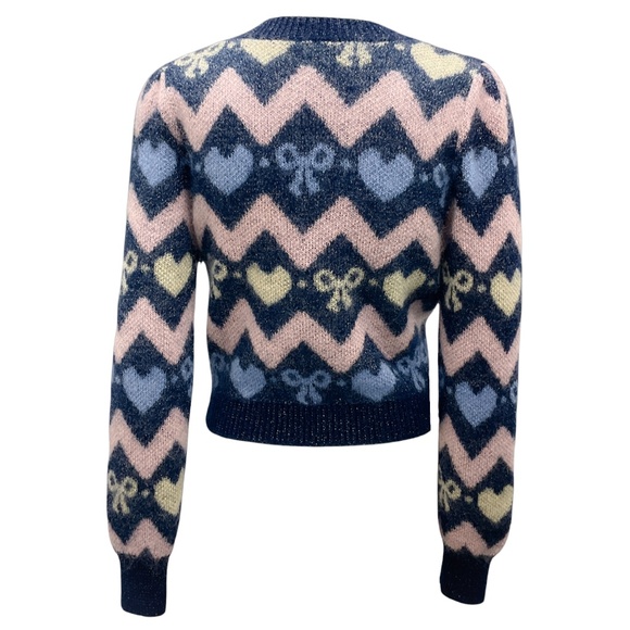 ALESSANDRA RICH NAVY MULTI 2023 CROPPED MOHAIR KNIT CARDIGAN SWEATER - Picture 3 of 6